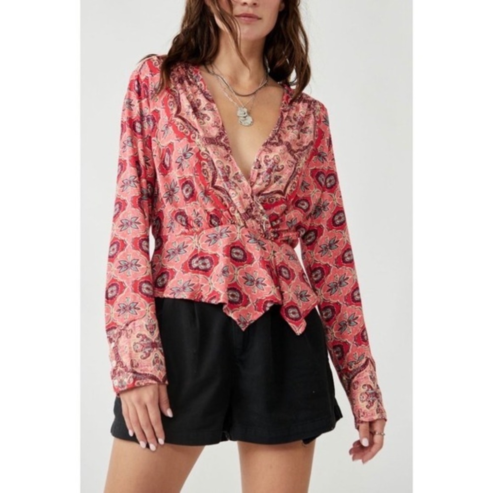 Free People Pink‎ Paisley Floral Wrap Long Sleeve Boho Top Cottagecore